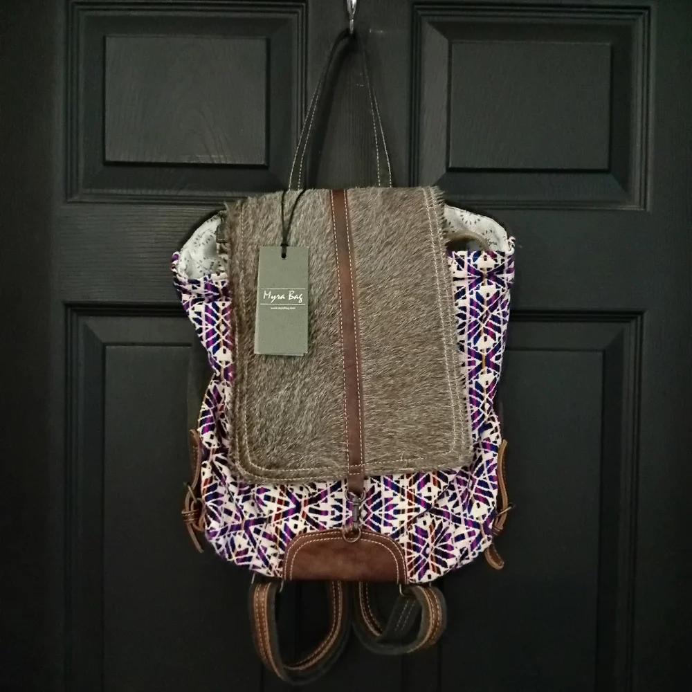 Myra Bag Handmade Vibrant Backpack Upcycled Canvas & Cowhide Leather Western